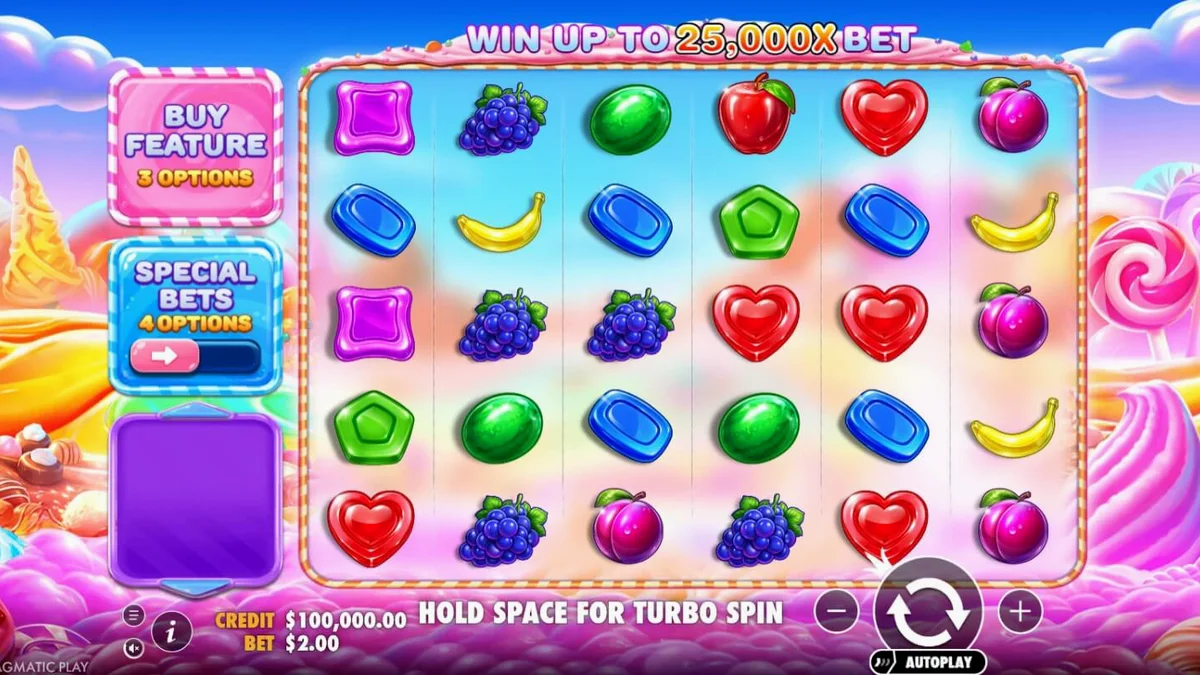 Tampilan visual penuh warna dari slot Sweet Bonanza 2500 dengan latar belakang negeri permen.