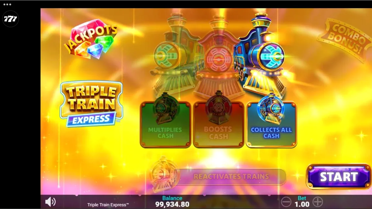 Tampilan futuristik dari slot Triple Train Express dengan tema kereta neon.