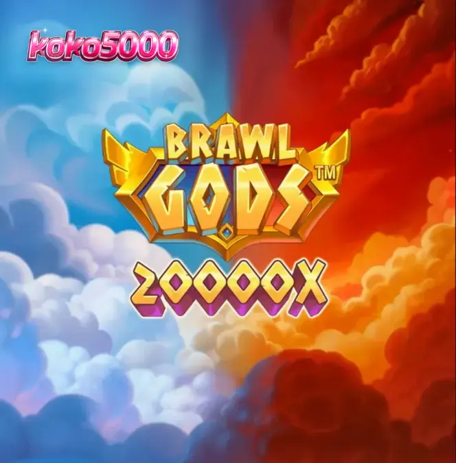 Tampilan layar terpisah slot Brawl Gods menampilkan Zeus di langit biru dan Hades di dunia bawah yang berapi-api.